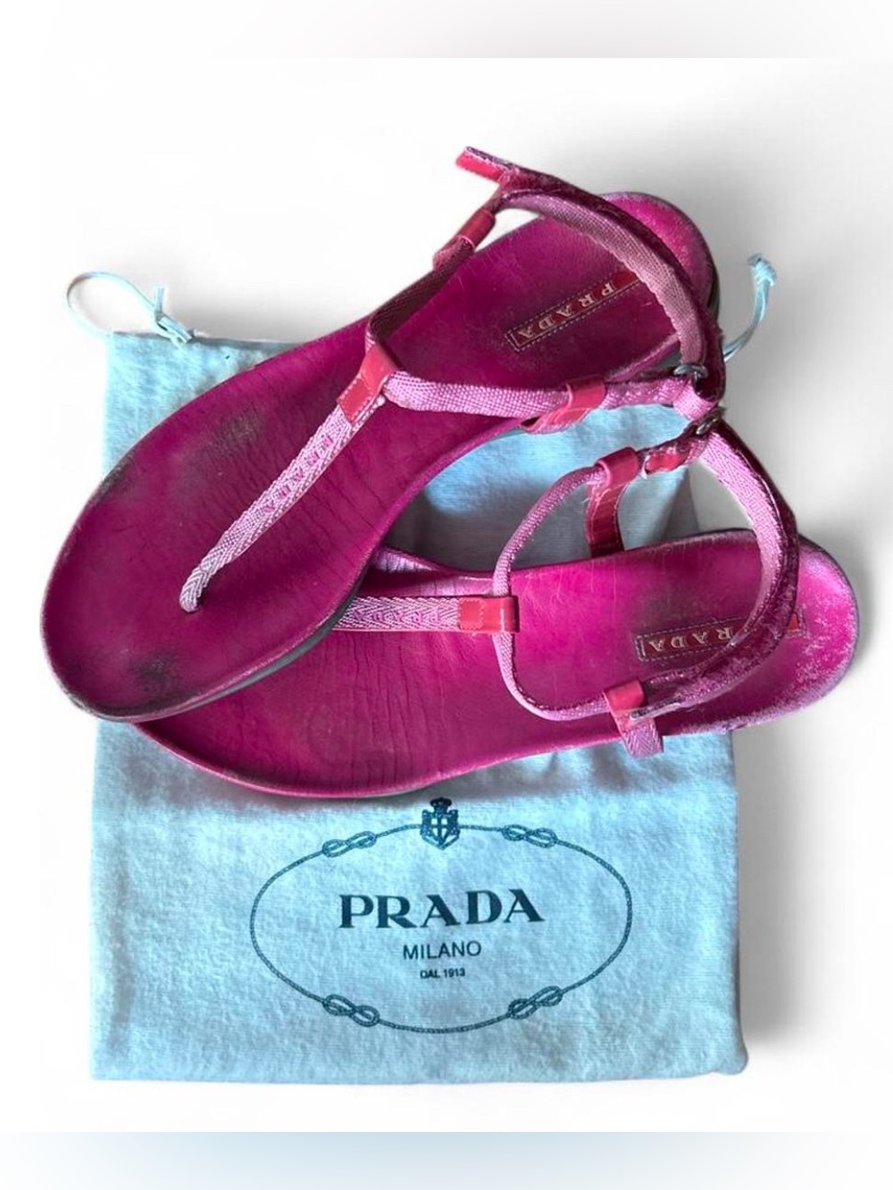 Prada Hot Pink Leather T-Strap Sandals with dust bag